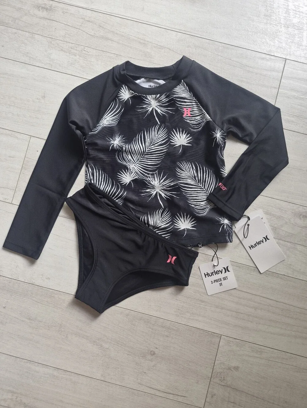 HURLEY NEW Girls Midnight Palms Rashguard Swim Top & Bikini Bottoms